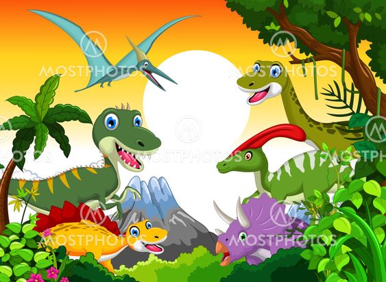 Dinosaur cartoon with landscape background for your design