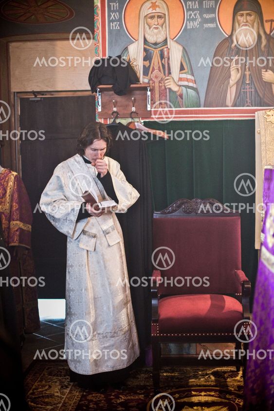 MOSCOW - MARCH 14: Orthodox liturgy with bishop Mercury in High Monastery of St Peter in Moscow on March 14, 2010 in Moscow