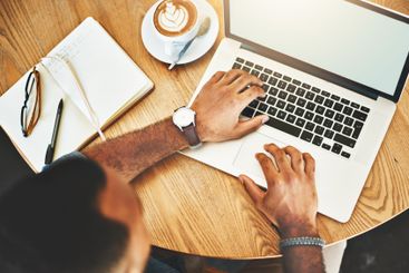 Remote work, coffee or hands of man at laptop screen for...