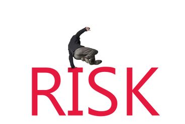 Man, jump and finance risk in studio, letters and...