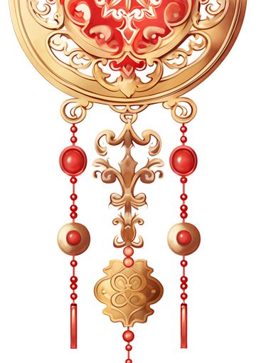Golden chinese new year ornament hanging with red tassels