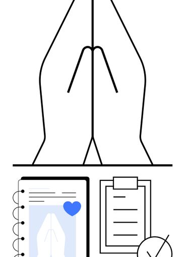 Hands in prayer gesture with a checklist and notebook...