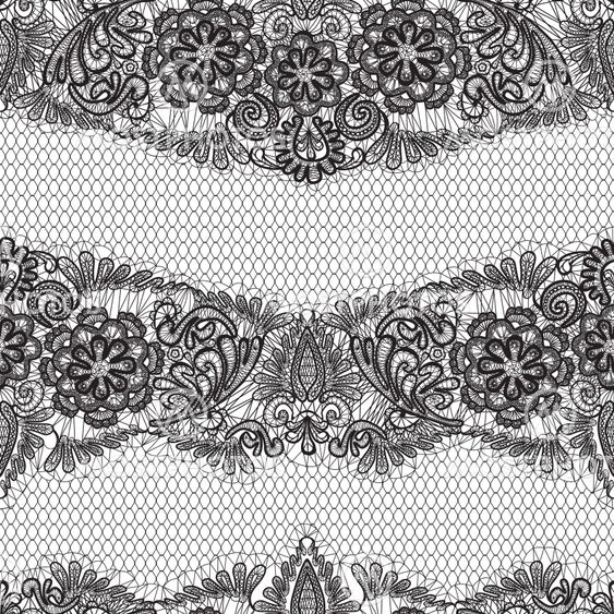 Black Lace seamless pattern with flowers on white...