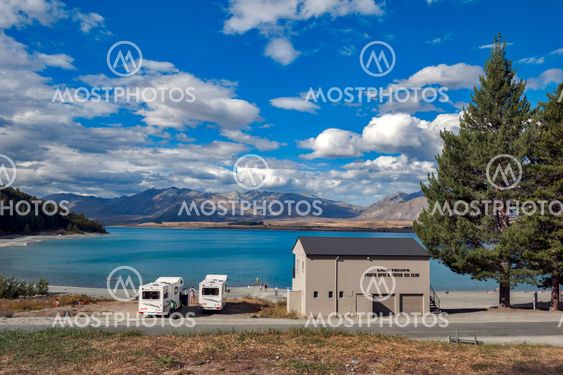 Tekapo, New Zealand - February 2016: Motorhome parking by lakesi