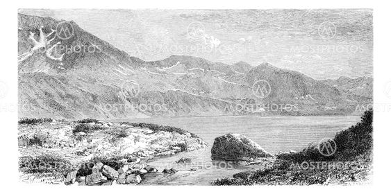 Lake Wielki Staw in the Valley of the Five Lakes, in Krkonose Mountains, Poland, vintage engraving