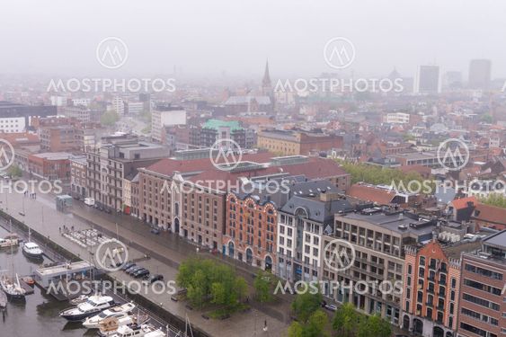 Aerial view of Antwerpen skyline at dusk