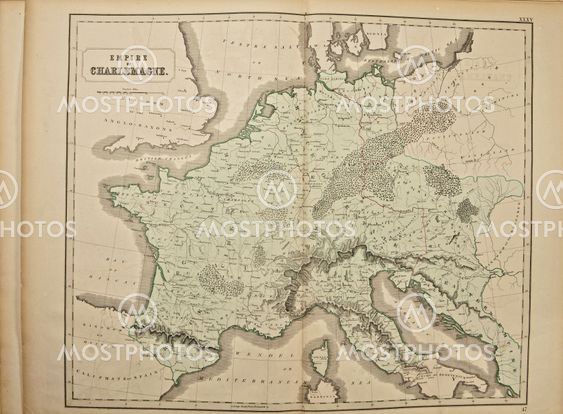 Empire of Charlemagne. Ancient map of the world . Published by George Philip and son at London 1857 and are not subject to copyright.