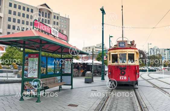 Christchurch, New Zealand - February 14, 2016: Vintage style tram on the Christchurch Tramway offers a unique city tour by the classic way of transportation in New Zealand