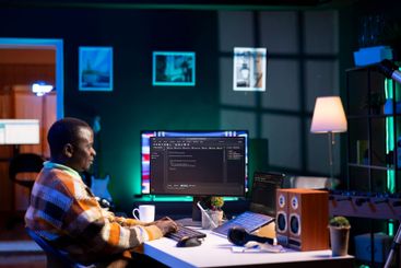 Programmer in home office concentrating on finding bugs...