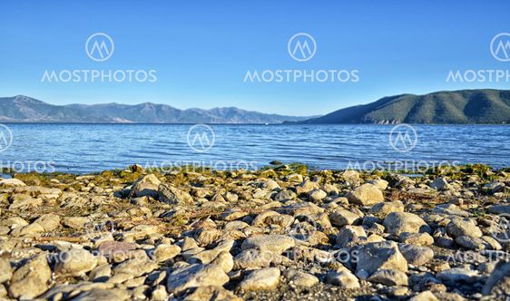 Lake view on mountain, stone, sand