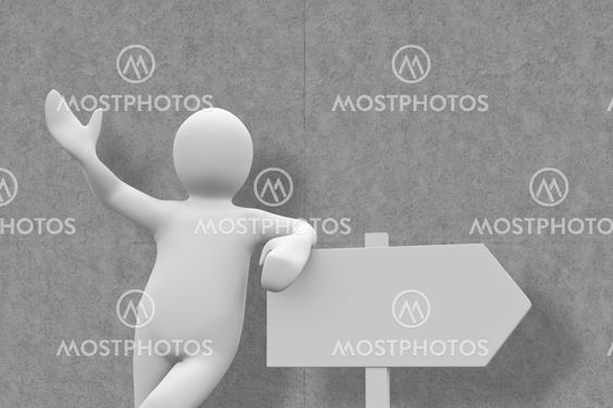 Composite image of white character leaning on signpost