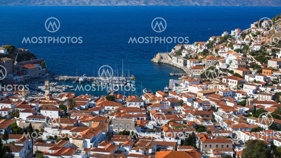 Top view of the Hydra island, Aegean sea, Greece.