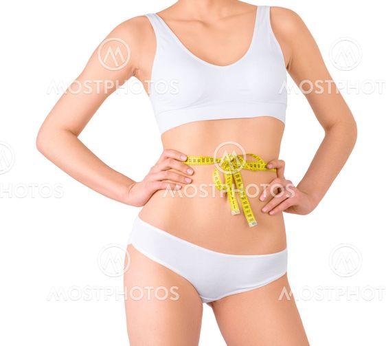 Slim woman in white underwear and measure around her body on isolated background