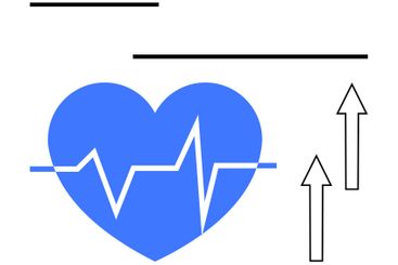 Blue heart with heartbeat line and upward arrows...