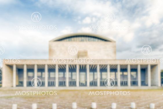 Defocused background with Palace of Congress, Eur District, Rome, Italy