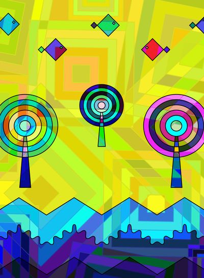 colored background image of abstract trees ans waves