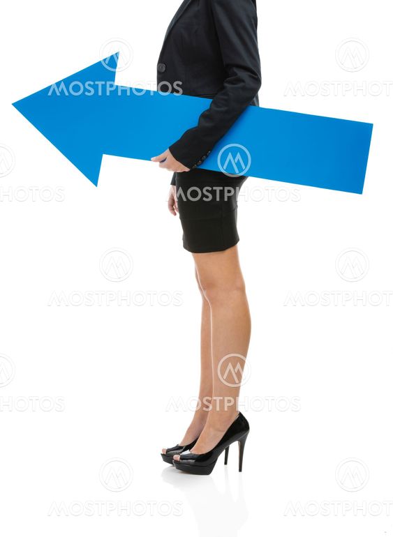 Business woman holding a blue arrow