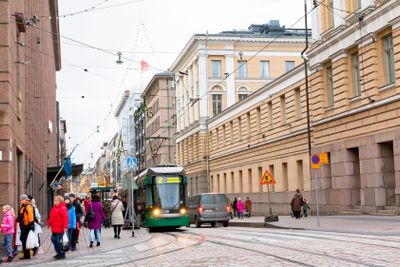 Helsinki, Finland - 17 November 2016: tram on city street.