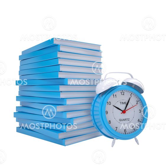 Blue books and alarm clock