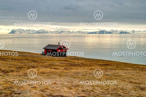 Lonely house at the coast near Longyearbyen, Svalbard