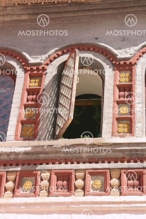 Old vintage windows in ancient russian kremlin in Rostov