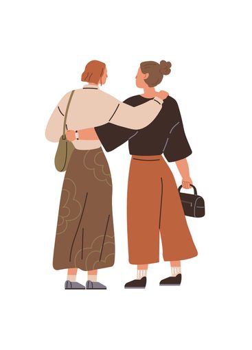 Two Friends Walking Together in Warm Embrace, Back View