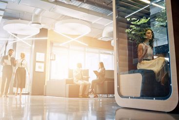 Lobby, meeting and business people in office in morning...