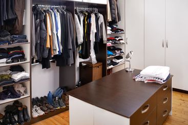 Closet, home and clothes with interior design apartment...