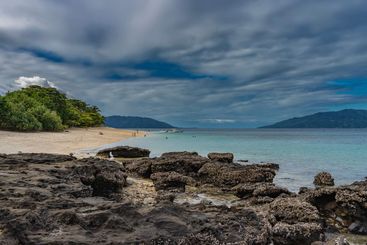 Rocky seashore at low tide. 