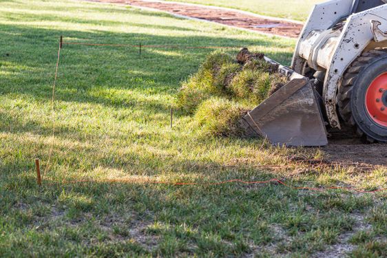 Small Bulldozer Removing Grass From Yard Preparing For...