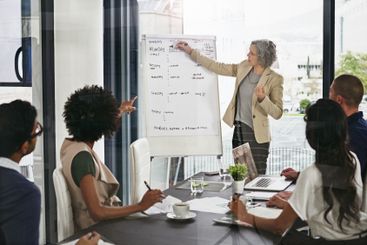 Business, woman and writing for presentation of...