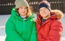 Winter plus size couple lovestory. Happy smiling man,...