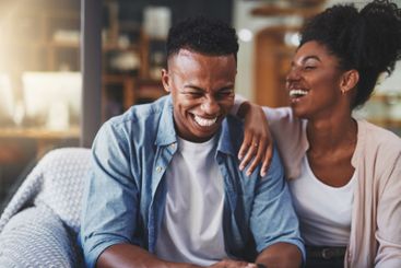 House, funny and black couple with love, joy and relax...