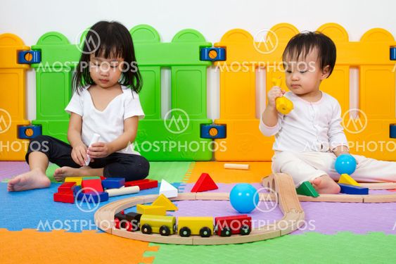 Asian Chinese childrens playing with blocks