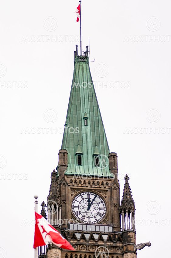 Peace Tower Clock With Canadian Flags