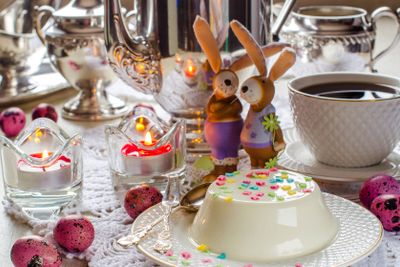 Easter. Desserts. The beautifully decorated table.