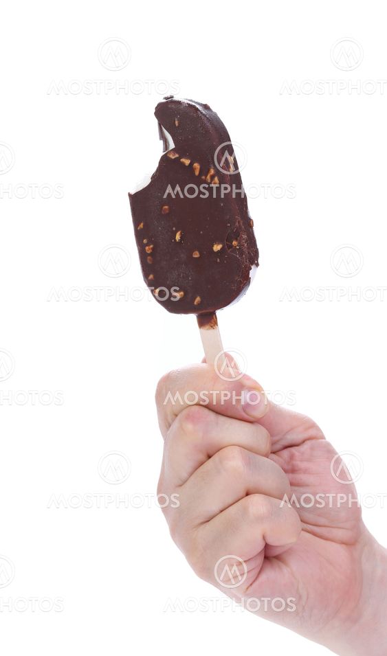 Bitten chocolate-coated ice cream on stick.
