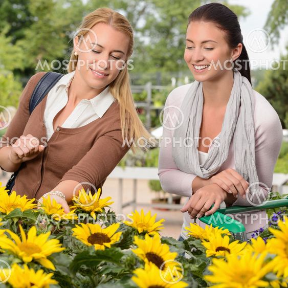 Two woman shopping for sunflowers garden center
