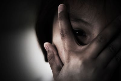 fear Girl hand cover face, imprison, retarded, Child...