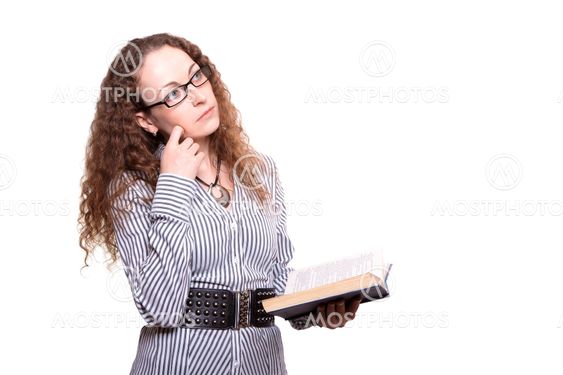 Woman reading old book isolated on white