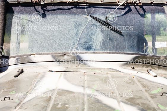 dirty hood and windshield of off-road vehicle