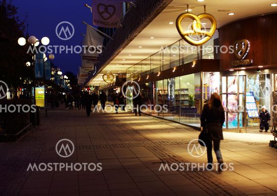 Pedestrian street in Södertälje, by night.