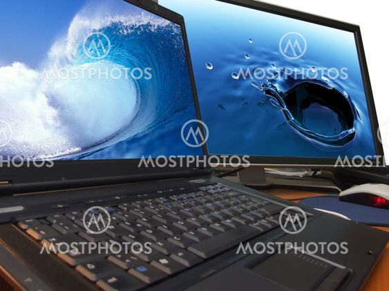 water concept on laptop and big widescreen tft display