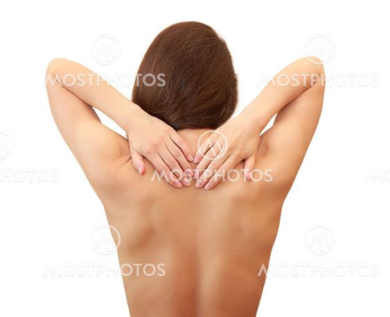 Beautiful woman holding hands her back isolated on white...