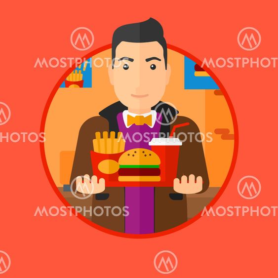 Man with tray full of fast food.