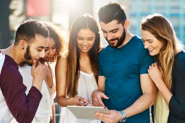 City, smile or friends on tablet for reading gossip,...