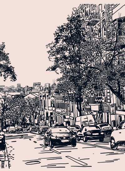 Digital drawing of city traffic, engraving style