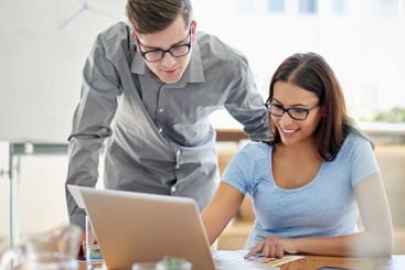 Woman, man and laptop with color palette in office with...