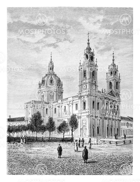 Basilica of the Sacred Heart of Jesus of Estrela in Lisbon, Portugal, vintage engraving