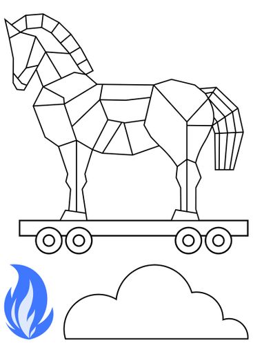 Geometric Trojan Horse on Wheels with Flame and Cloud...